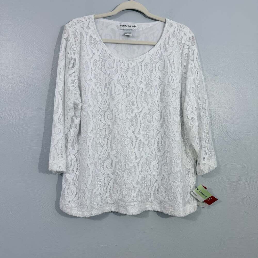 Cathy Daniels NWT White Floral Lace Overlay Blouse, 3/4 Sleeve, Scoop Neck XL